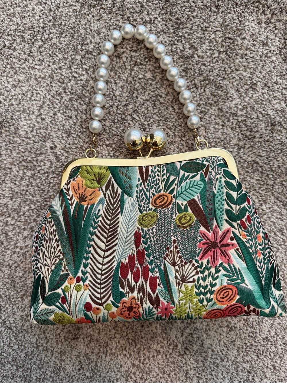 Pearl-Handle Floral Print Evening Bag - Green Multi NEW